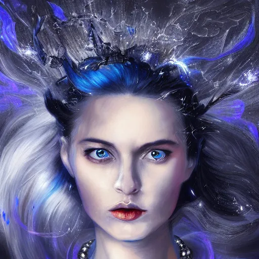 Image similar to masterpiece portrait of an aesthetic elegant mage woman, ice spell, 3 0 years old woman, black dynamic hair, wearing silver diadem with blue gems inlays, silver necklace, painting by joachim bergauer and magali villeneuve, atmospheric effects, chaotic blue sparks dynamics in the background, intricate, artstation, instagram, fantasy