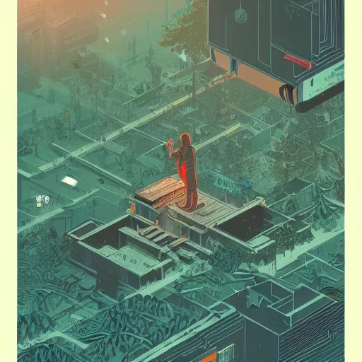 Image similar to Stunning isometric illustration of single cyberpunk explorer overlooking lush forest , highly detailed, midnight, small glowing orbs by Victo Ngai and James Gilleard , Moebius, Laurie Greasley