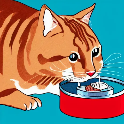 Image similar to a fat cat eating Canned tuna, digital art