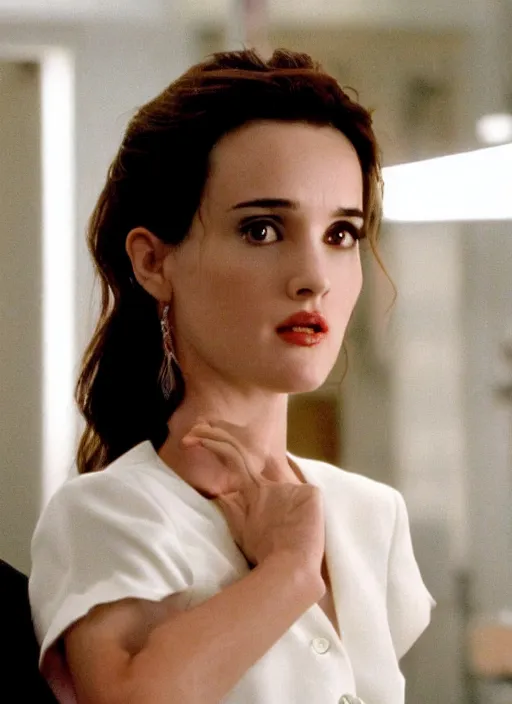 Prompt: stunning young Winona Ryder in the Wolf of Wallstreet, debut, movie screenshot