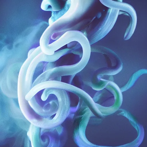 Prompt: A beautiful squid made of pale blue smoke in the style of Aldo Katayanagi + Thick Milky Smoke + Mother Of Pearl +Milk and ink+ Creamy smoky Elements + Moody Cinematic Lighting + Deep Shadows + Hyper Realistic + Intricate Eldritch tendrils + 8K portrait + fluid dynamics