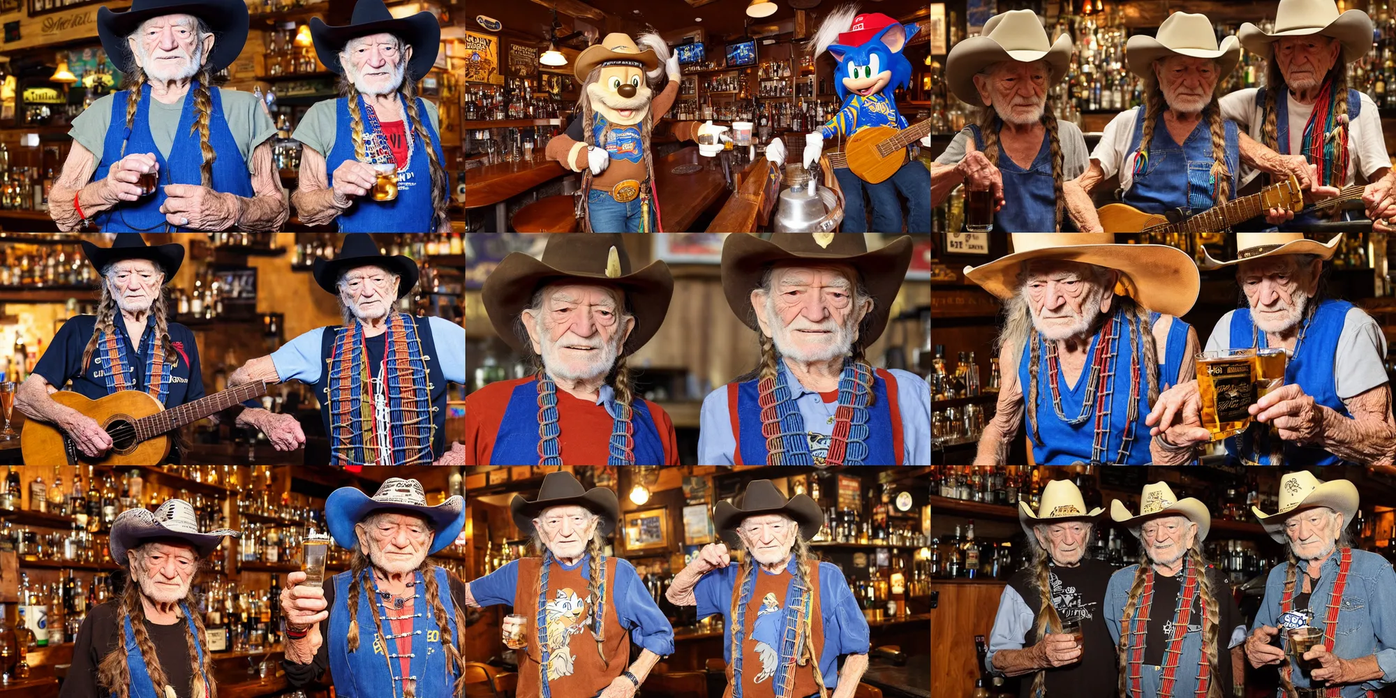 Prompt: willie nelson has a whiskey at a pub with sonic the hedgehog in a vest wearing a cowboy hat, photography 4 k