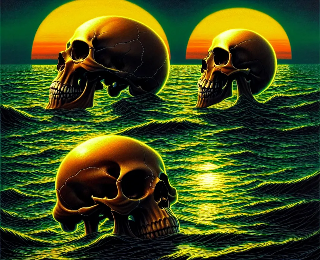 Prompt: a skull that is the sun rising just above the horizon over the sea by dan mumford and vladimir kush and donato giancola and ted withers and peter driben and brom and roberto ferri, green water, synthwave, retrowave, highly detailed, high contrast, intricate details, blended palette