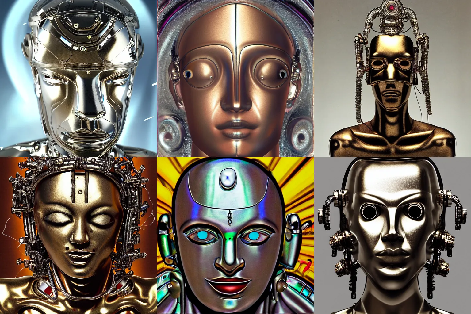 Prompt: a metallic cyborg with glass details experiencing nirvana, opening third eye, photorealistic