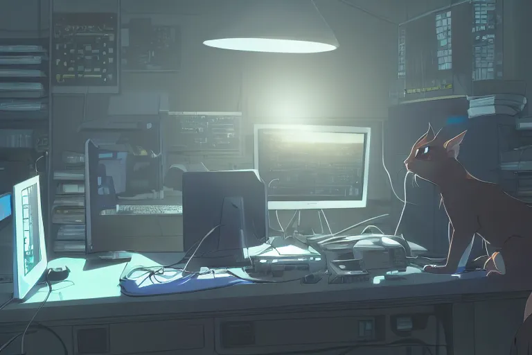 Image similar to a nerdy caracal is programming at a computer in a room full of gadgets, by makoto shinkai and ghibli studio, dramatic lighting, highly detailed, incredible quality, trending on artstation