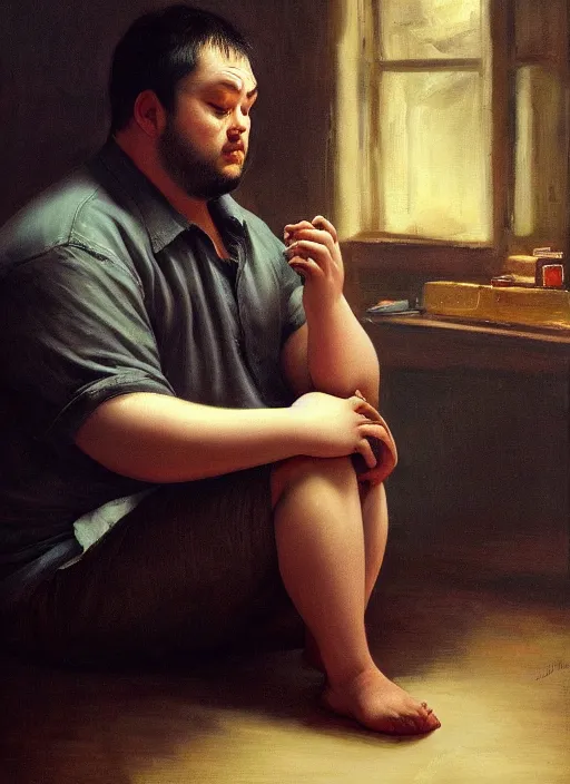 Image similar to insanely detailed chiaroscuro image of a sleepy - looking chubby casually - dressed tired programmer guy on his knees facing his glowing ultrawide monitor monitor begging it for forgiveness, oil on canvas, masterwork, fine detail, trending on artstation, emotive, insanely compelling, ryden, koons, moebius