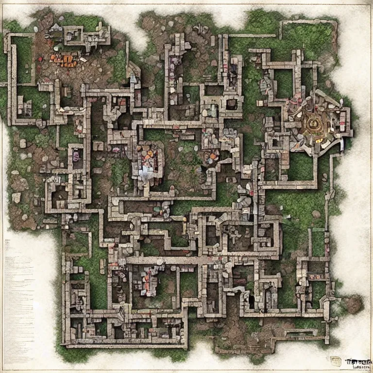 Prompt: full - color fantasy floor plan map of a dungeon, by greg rutkowski and james gurney, trending on artstation