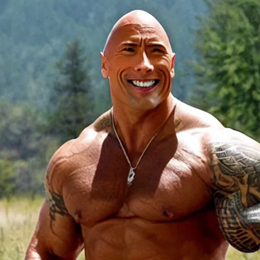 Prompt: dwayne the rock johnson riding a hog