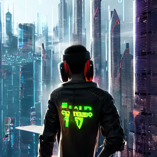 Image similar to a man dressed in cyberpunk style clothing standing on top of a raised platform, futuristic city in the background