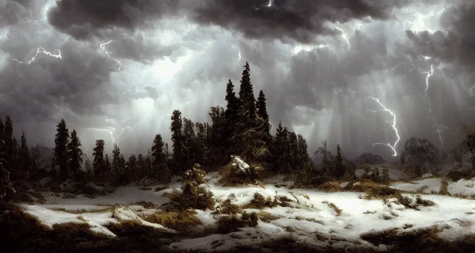 Image similar to heaven!! clouds!! god rays, snowy, windy, by eugene von guerard, ivan shishkin, night, lightning!!, storm!, dramatic lighting, concept art, trending on artstation, 8 k