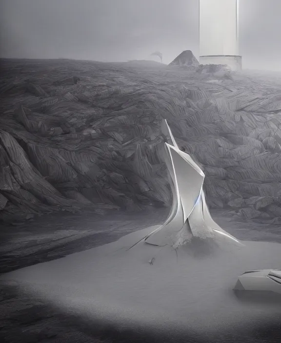 Prompt: surreal covenant deformation tower, futuristic berserk white architecture in the beach in iceland, foggy, highly detailed, digital painting, arstation, concept art, hyperealistic octane render, unreal engine,