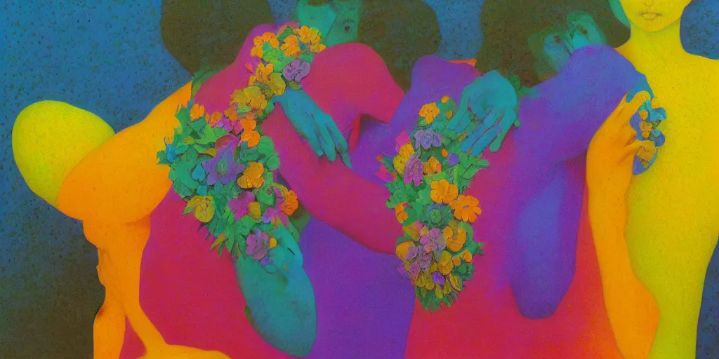 Image similar to portrait of women hugging made of colorful rainbow fractal flowers hugging Edward Hopper and James Gilleard, Zdzislaw Beksinski, highly detailed