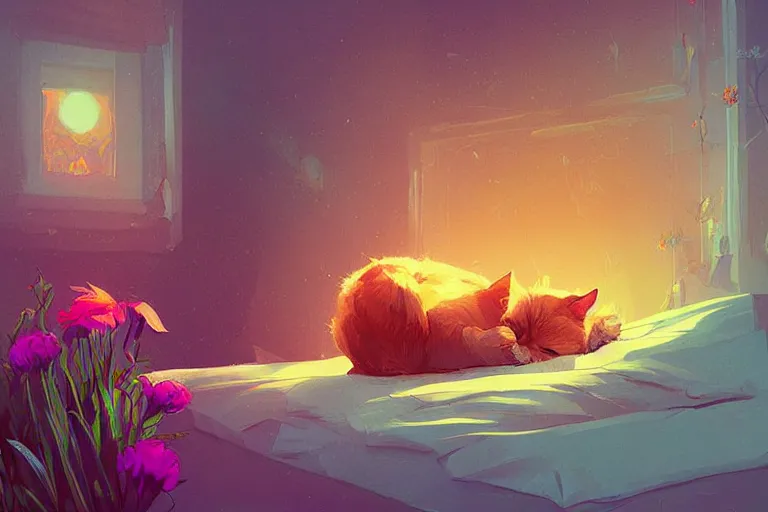 Image similar to a digital art of a cat sleeping in the room with flowers around in the afternoon, the sun shines in, animal, light effect, highly detailed, by anton fadeev