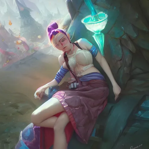 Image similar to Jinx on her day off league of legends on her day off, highly detailed, digital painting, artstation, concept art, smooth, sharp focus, illustration, ArtStation, art by artgerm and greg rutkowski and Hikari Shimoda and Edmund Blair Leighton and Charlie Bowater