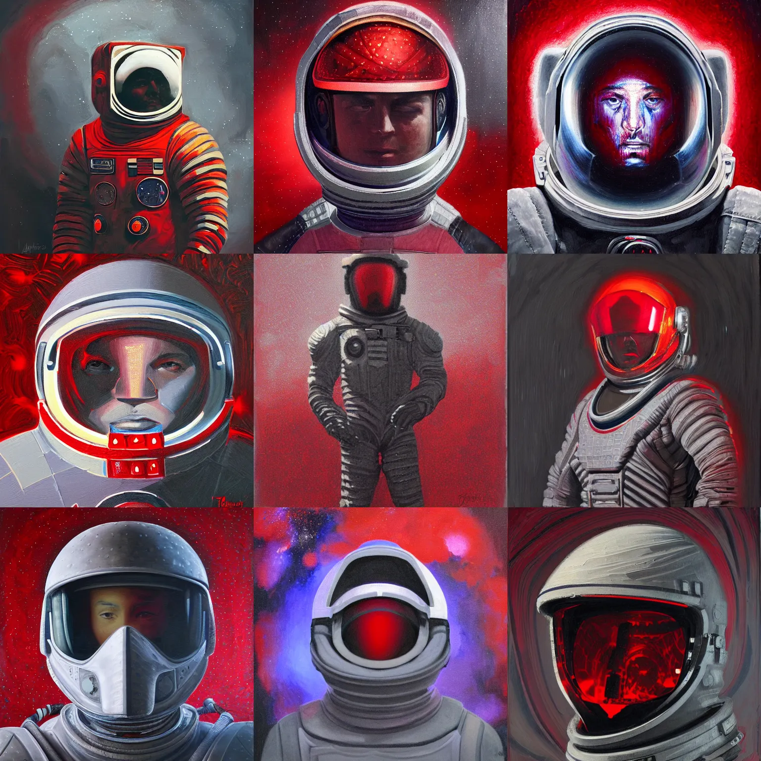 Prompt: portrait of astronaut - gladiator with fractal ceramic armor, girih, tesselated, ambient lighting, chiaroscuro, tonalist, symbolist, ferentic brushstrokes, palette knife, payne's grey and venetian red, imposing, edge lights