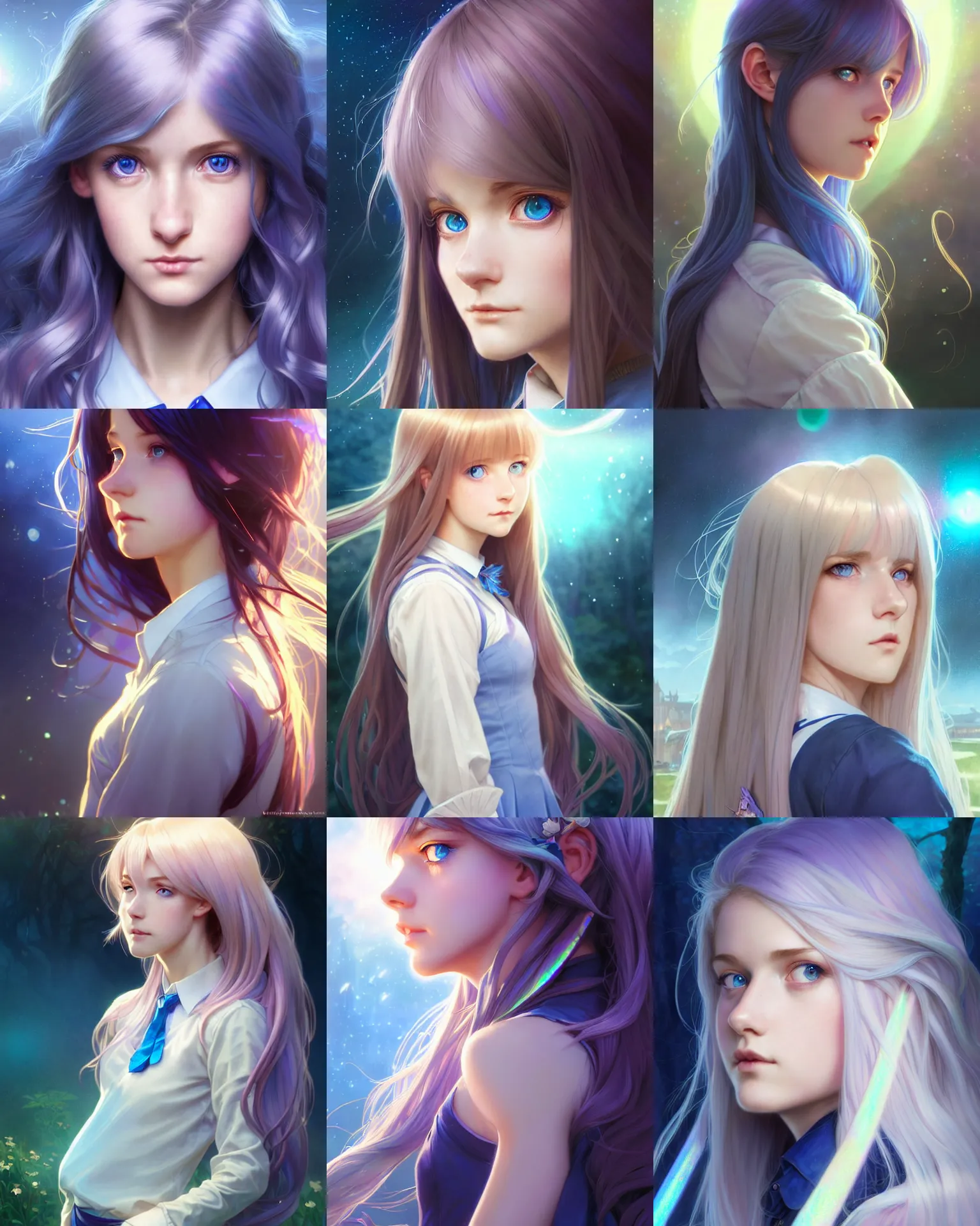 Prompt: side portrait of an innocent lost college girl, magic school uniform, iridescent hair color, blue eyes, large messy hair style, fantasy building, intricate, sharp focus, lens flare, bloom, rim light, illustration, highly detailed, digital painting, concept art, matte, art by wlop and artgerm and greg rutkowski and alphonse mucha, masterpiece