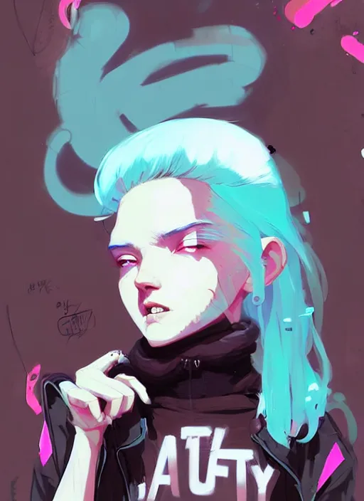 Image similar to highly detailed portrait of a urban punk lady student, blue eyes, hoodie, white hair by atey ghailan, by greg rutkowski, by greg tocchini, by james gilleard, by joe fenton, by kaethe butcher, gradient cyan, black, brown and pink color scheme, grunge aesthetic!!! ( ( graffiti tag wall background ) )