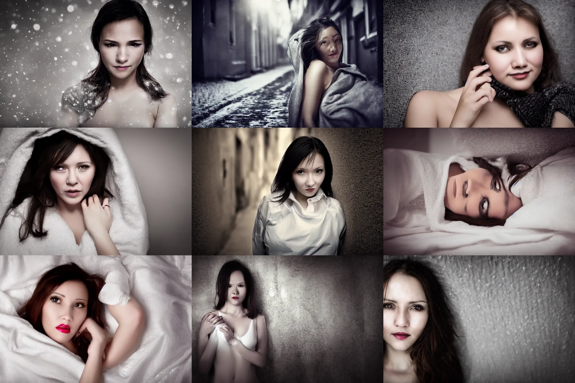 Prompt: beautiful woman 3 6 years old in one white bedsheet runs along a dark street in winter, close - up portrait, dark background, post - processing, sexuell