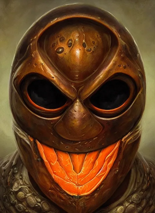 Image similar to orange slice mf doom reptile eyes, metal orange peel skin. intricate, elegant orange juice, highly detailed, centered, digital painting, artstation, concept art, smooth, sharp focus, illustration, artgerm, tomasz alen kopera, peter mohrbacher, donato giancola, joseph christian leyendecker, wlop, frank frazetta