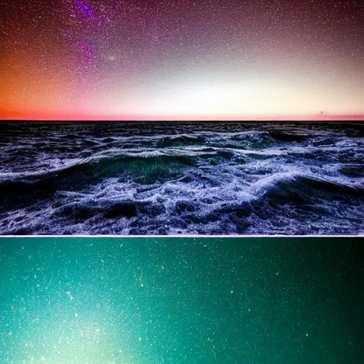 Prompt: a photo taken by shore of the ocean on an alien planet that shows the water all the way to the horizon and the night sky that has many colorful galaxies and stars in it