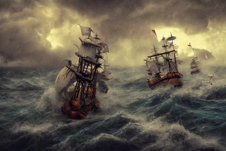 Prompt: epic pirate ship cannon battle in a storm, in the style of vernon grant and chris van allsburg, raging stormy sea, trending on artstation, bright tilt - shift camcorder effect, photoshop, retrowave, hyperrealism, octane, sharp focus, masterpiece