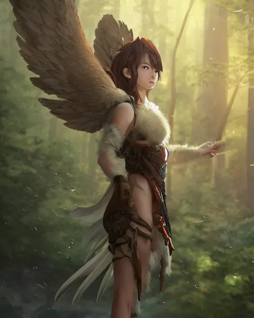 Image similar to a female anthropomorphic eagle warrior. She has two wings on her back. Forest, clearing. Full shot, wings are focus. Atmospheric lighting, By Makoto Shinkai, Stanley Artgerm Lau, WLOP, Rossdraws, James Jean, Andrei Riabovitchev, Marc Simonetti, krenz cushart, Sakimichan, D&D trending on ArtStation, digital art.