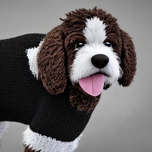 Image similar to a closeup photorealistic photograph of a cute smiling knitted bernedoodle judge dog dressed in a black gown, presiding over the courthouse. indoor image, professional capture, well lit shot. this 4 k hd image is trending on artstation, featured on behance, well - rendered, extra crisp, features intricate detail, epic composition and the style of unreal engine.