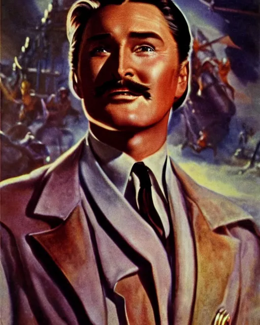 Image similar to Errol Flynn as a scientist. 1980s dystopian Soviet Russia, propaganda screens. Unreal engine, fantasy art by Adolph von Menzel. Faithfully depicted facial expression, perfect anatomy global illumination, radiant light, detailed and intricate environment