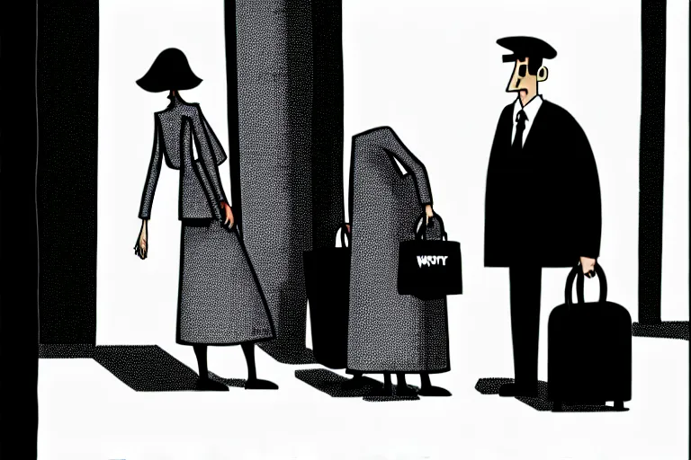 Image similar to tall, security guard checks the bags of a worried looking woman, art in the style of the new yorker,