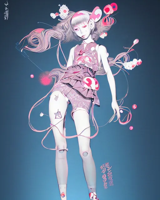 Prompt: james jean isolated vinyl figure harajuku magical girl character design, figure photography, dynamic pose, holographic undertones, motion shapes color design, glitter accents on figure, anime stylized cute guro, sharp focus, accurate fictional proportions, high delicate defined details, ethereal lighting