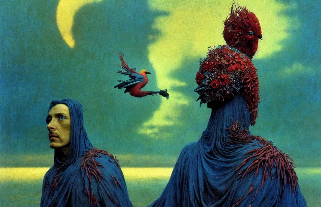 Prompt: realistic detailed portrait movie shot of a birdman wearing dark ragged robes, sci fi city sunset landscape background by denis villeneuve, amano, yves tanguy, alphonse mucha, ernst haeckel, max ernst, roger dean, masterpiece, rich moody colours, bird head, blue eyes