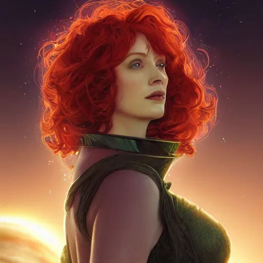 Prompt: a highly detailed matte portrait of christina hendricks as a red haired wizard, standing on the moon titan and looking at jupiter, viewed in profile, crackling green lightning, ultrawide lens, art by artgerm and greg rutkowski and alphonse mucha, volumetric lighting, octane render, 4 k resolution, trending on artstation, masterpiece