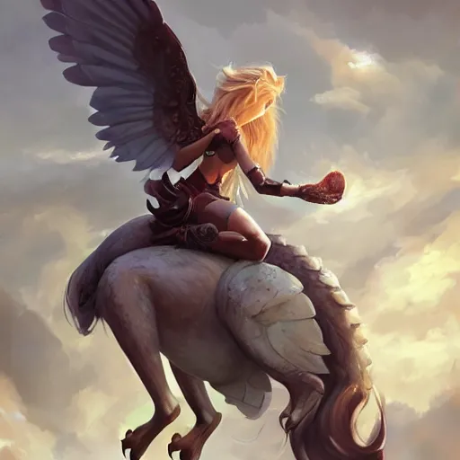 Prompt: Art station concept of a beautiful girl riding a gryphon, symmetrical face, smooth body features, by Stanley Artgerm Lau, WLOP, Rossdraws, James Jean, Andrei Riabovitchev, Marc Simonetti, and Sakimichan, trending on artstation