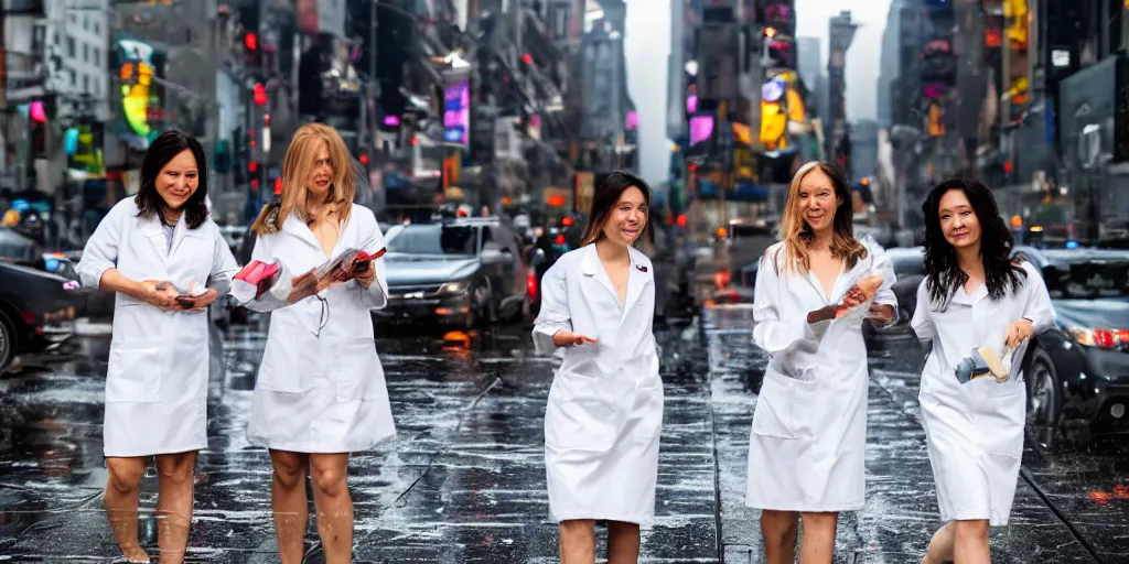 Image similar to 3 beautiful woman plaque doctors wearing white wet short sun dresses walking toward the camera in the wet cyberpunk streets of new york at sunset, police hover cars in the background, mud puddles,