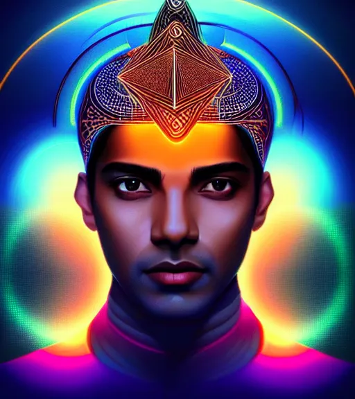 Image similar to symmetry!! indian prince of technology, solid cube of light, hard edges, product render retro - futuristic poster scifi, lasers and neon circuits, brown skin handsome indian prince, intricate, elegant, highly detailed, digital painting, artstation, concept art, smooth, sharp focus, illustration, dreamlike, art by artgerm