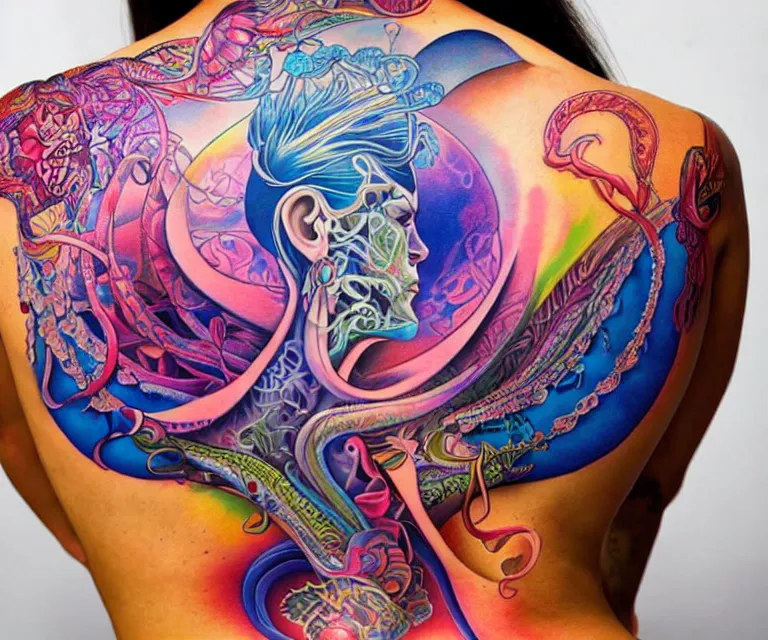 Prompt: closeup photograph of an incredible color upper back tattoo in style of Alex grey peter mohrbacher intricate, female model with attractive body, award-winning by rapha lopes, and baris yesilbas, photo taken with dramatic studio lighting by brian ingram