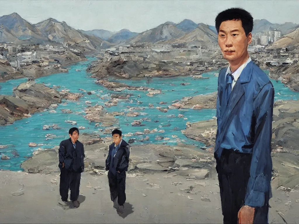 Prompt: ‘The Center of the World’ (Liu Xiaodong realist oil painting, large thick messy colorful brushstrokes, office worker next to a blue river and mountains) was filmed in Beijing in April 2013 depicting a white collar office worker. A man in his early thirties – the first single-child-generation in China. Representing a new image of an idealized urban successful booming China.