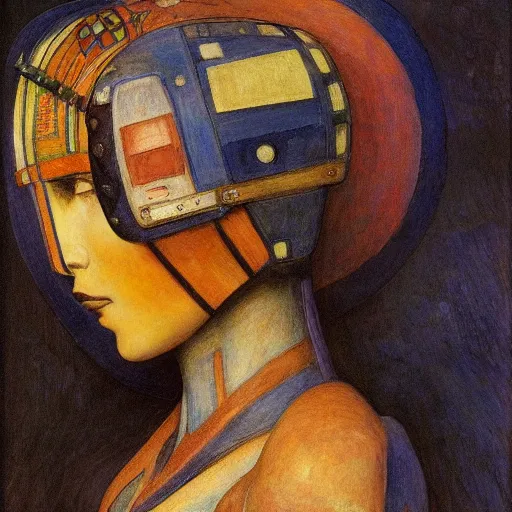 Image similar to the robot in her moth mask, by Annie Swynnerton and Diego Rivera, in profile, symbolist, dramatic lighting, elaborate geometric ornament, Art Brut ,god rays, soft cool colors,smooth, sharp focus, extremely detailed, Adolf Wölfli