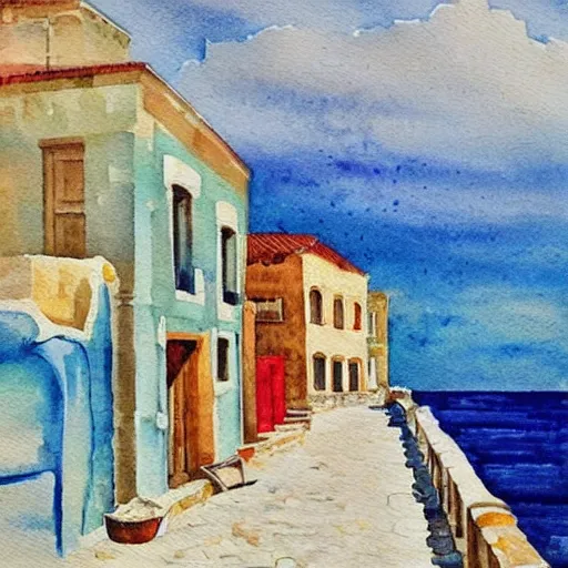 Prompt: old greek town by the sea on a hot summer day, watercolor painting, morandi color palette, very beautiful masterpiece by a very talented artist, extremely detailed stunning, dreamy, melancholy , poetic, nostalgic