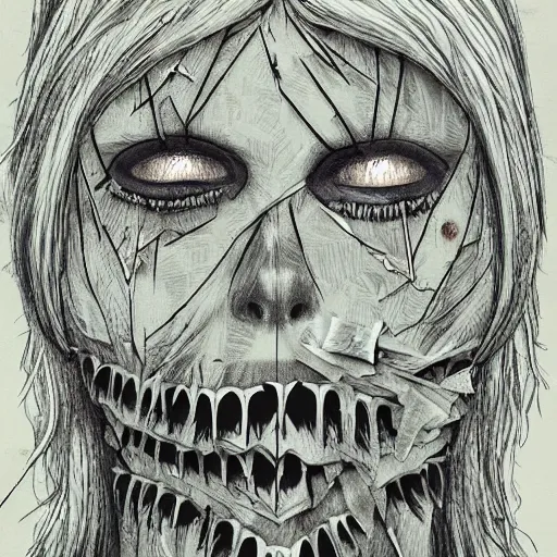 Prompt: face shredded like paper, dark horror, surreal, illustration, by ally burke