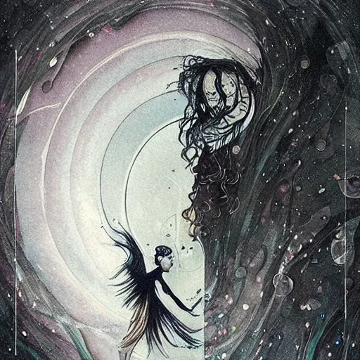 Prompt: A experimental art. A rip in spacetime. Did this device in his hand open a portal to another dimension or reality?! dark black by Anna Dittmann, by Edmund Dulac haunting