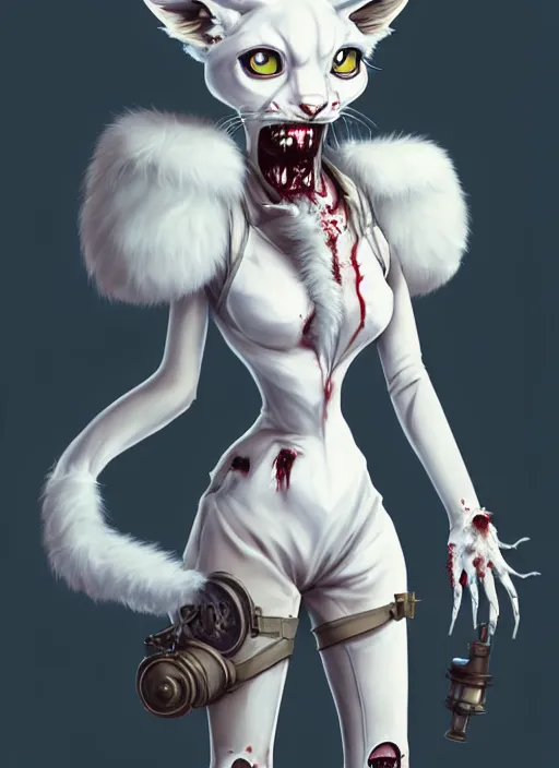 Image similar to wide angle beautiful full body portrait of a strong female damaged zombie anthropomorphic anthro white lynx fursona wearing a steampunk dress toothsome open mouth. character design by disney, anime, manga, charlie bowater, ross tran, artgerm, and makoto shinkai, detailed, soft lighting, rendered in octane