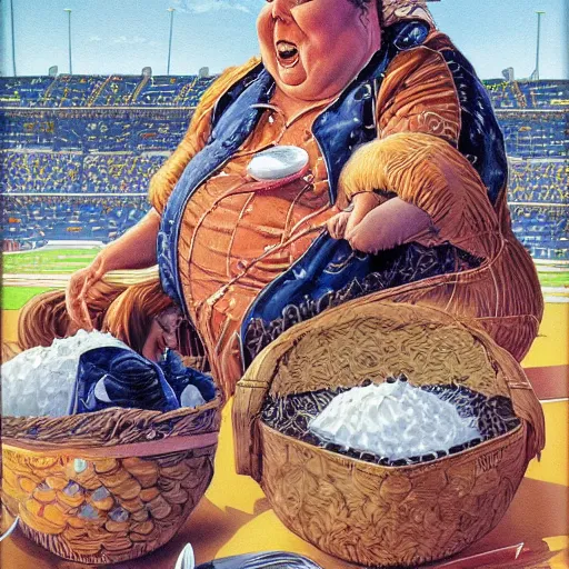 Image similar to yo mama is so fat she brought a spoon to the super bowl, rennaissance masters portrait, jean giraud portrait, intricate details