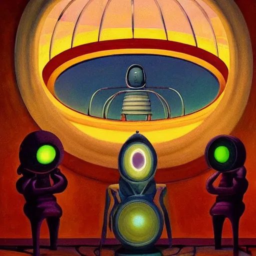 Image similar to three biomorphic robotic seers watchers oracles soothsayers with glowing eyes, inside a dome, pj crook, grant wood, edward hopper, syd mead, chiaroscuro, oil on canvas