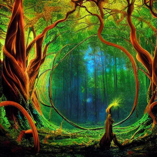 Image similar to psychedelic flowing illusion illusionary visionary immensely beautiful forest of intertwined trees and breathing living knowledge, by tyler edin and luke brown albert bierstadt and salvador dali hyperrealism photo - realistic photography volumetric lighting heavenly intricate