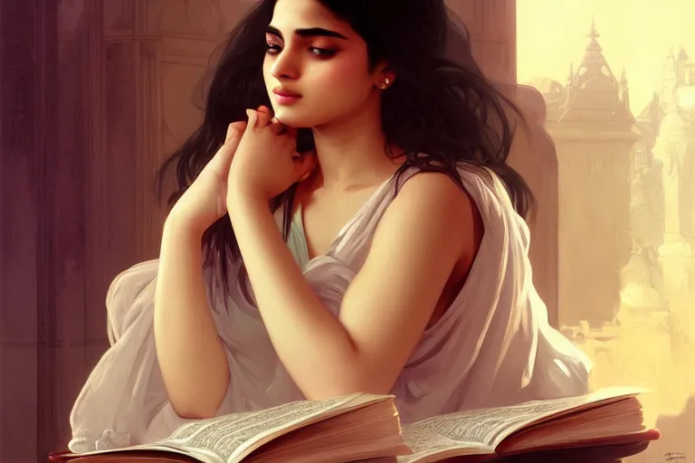 Image similar to sensual good looking pale young bengali girl with soulful eyes reading a novel, portrait, elegant, intricate, digital painting, artstation, concept art, smooth, sharp focus, illustration, art by artgerm and greg rutkowski and alphonse mucha