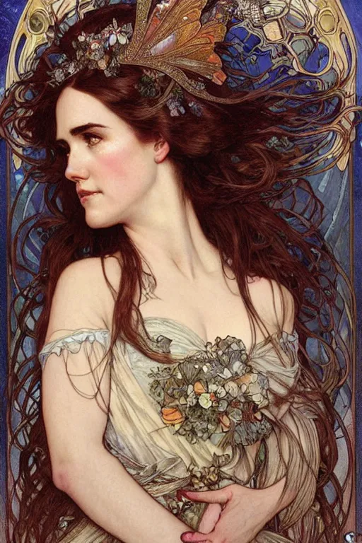 Prompt: realistic detailed face portrait of Jennifer Connelly as a beautiful fairy tale princess by Alphonse Mucha, Ayami Kojima, Amano, Charlie Bowater, Karol Bak, Greg Hildebrandt, Jean Delville, and Mark Brooks, Art Nouveau, Neo-Gothic, gothic, rich deep moody colors