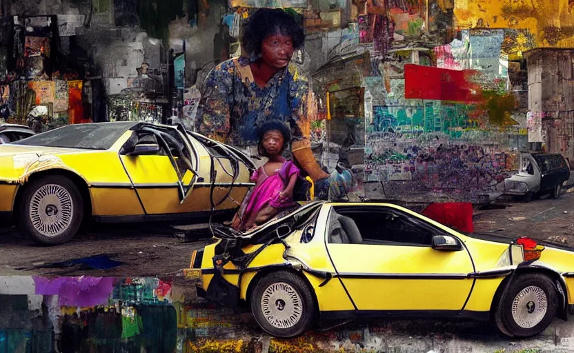 Prompt: a yellow delorean in ajegunle slums of lagos - nigeria, magazine collage, colourful painting by hsiao - ron cheng,