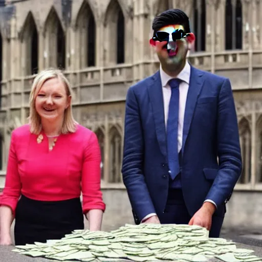 Image similar to Liz truss and Rishi sunak at parliament burning piles of money. Daily Telegraph.