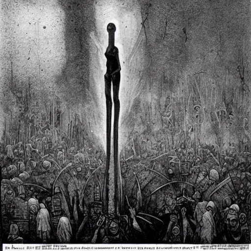 Prompt: sirenhead presides over protesting marikana mine workers in downtown johannesburg. grimdark etching by beksinski and hieronymus bosch. white on black on brown